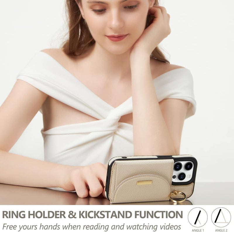 Keallce Wallet Case for iPhone 14 Pro 6.1'', Flip Case with Card Slots, Ring Holder Kickstand, PU Leather Protective Folio Cover for Women, Beige - Image 4